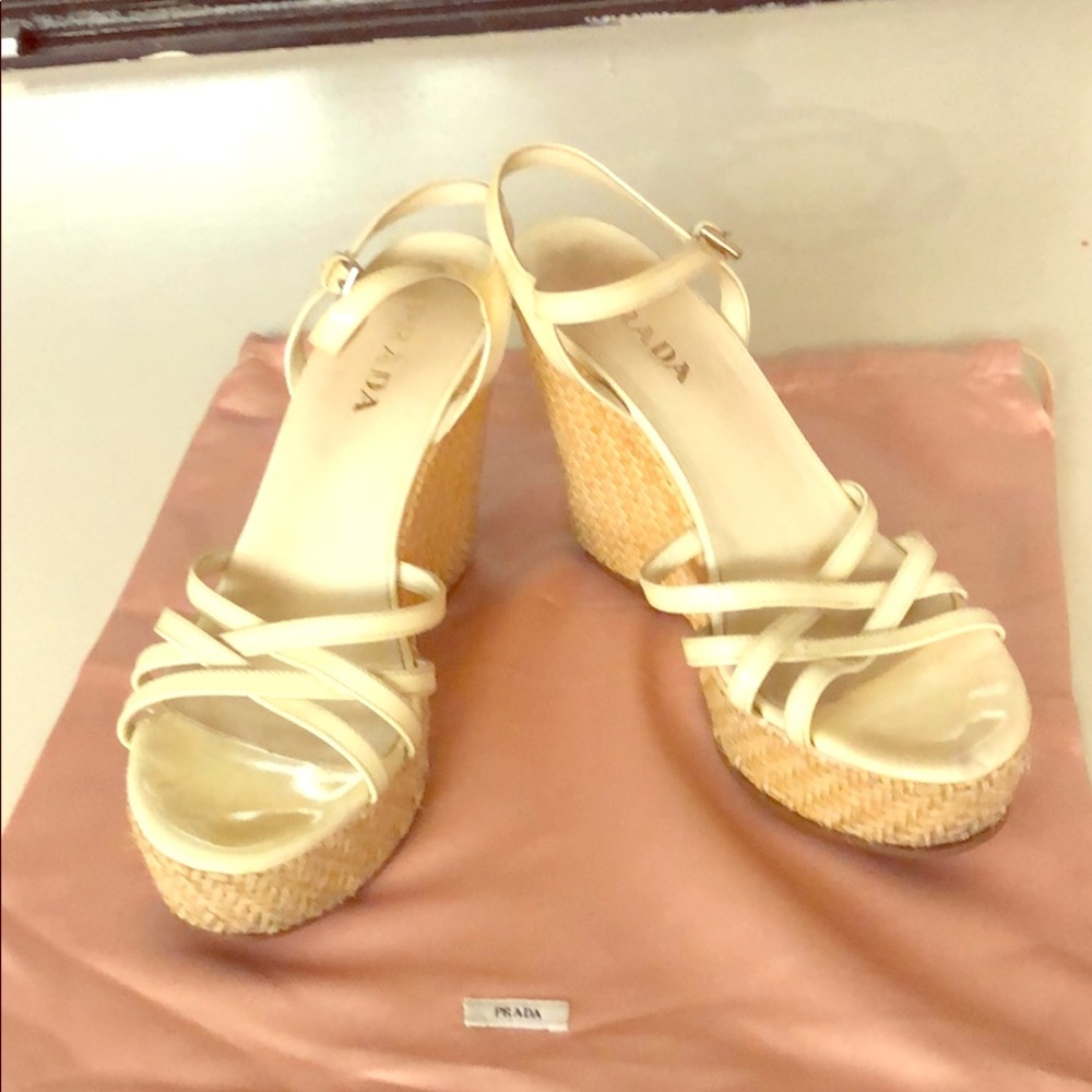 Prada white patent platform sandals